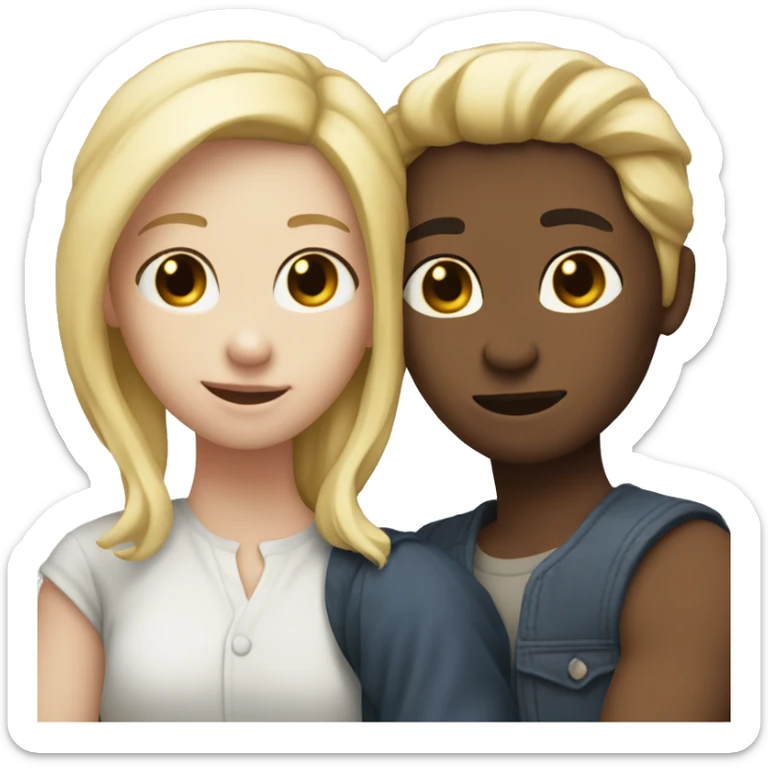 Two friends hugging, both with white skin, but one with blond hair and the other dark sticker