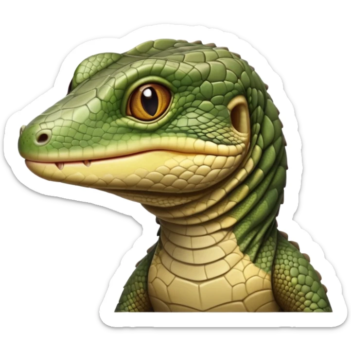 cinematic-realistic-cute-monitor-lizard-portrait-emoji,-head-tilted-playfully-and-inquisitively,-featuring-a-compact,-agile-body-with-finely-detailed,-glossy-scales-in-earthy-olive-hues-and-a-distinct,-alert-face-with-bright,-curious-eyes sticker