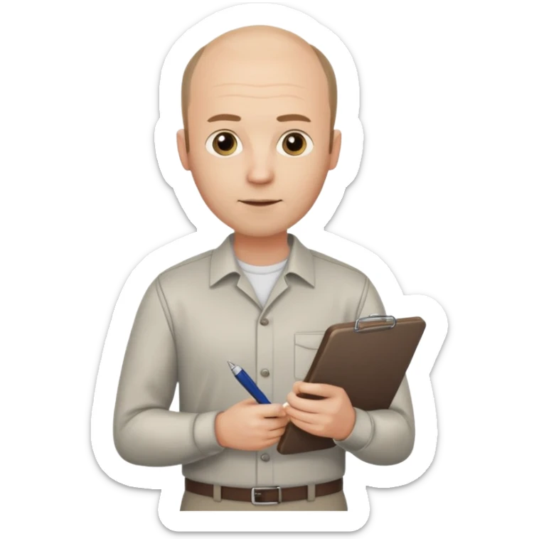 man mid 30's shirt and trousers balding hairline standing holding a clipboard sticker