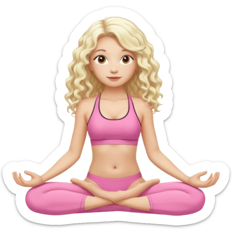 a blond girl sitting in yoga pose in the pink swimwear with white long curly hair sticker