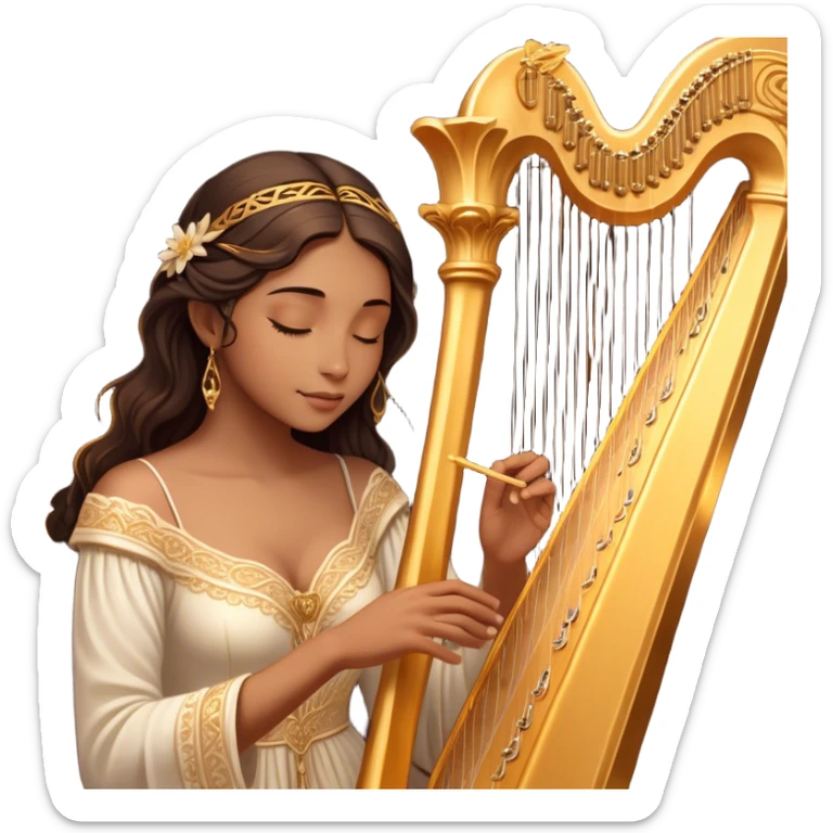 Cinematic Realistic Harp, a grand golden harp with intricately carved details, delicate strings shimmering under soft candlelight, rich wood tones adding warmth, a musician’s gentle fingers plucking a note, glowing with an ethereal and majestic aura. sticker