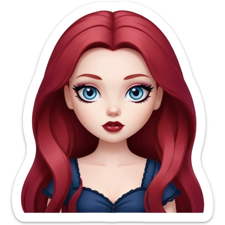  long dark red hair, pale skin, dark blue eyes, pretty bratz baddie, black eyeliner, blush sticker