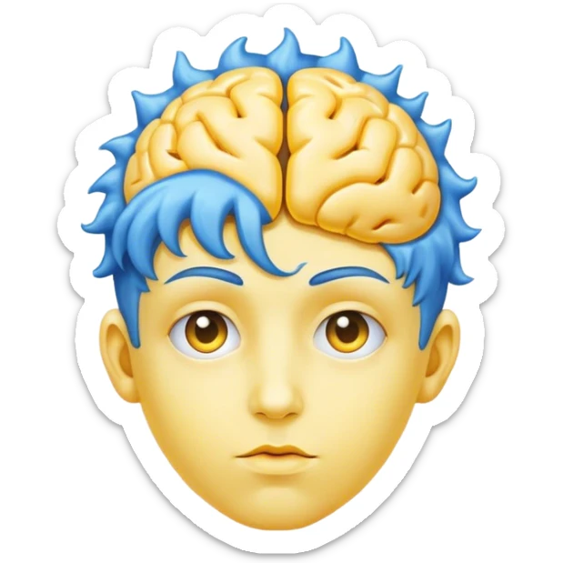 A real person face emoji, skin is emoji yellow, and hair is a blue brain sticker
