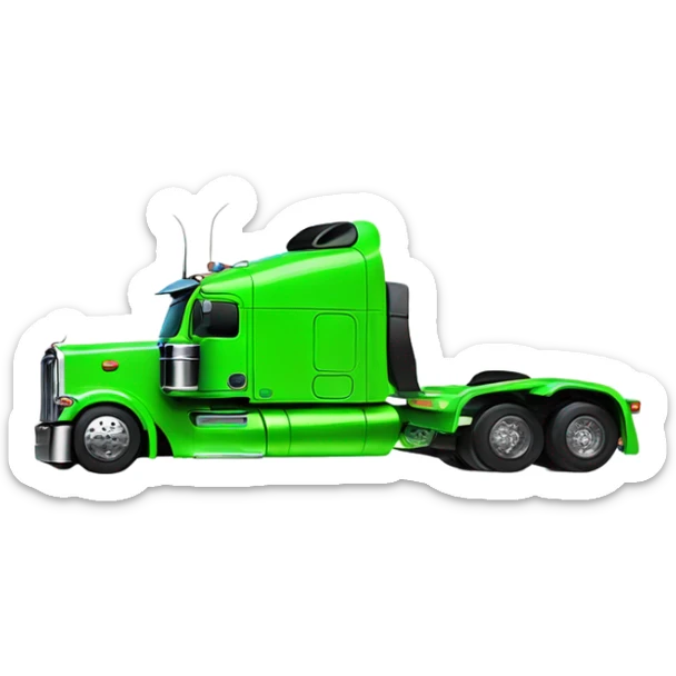 neon green peterbilt semi truck lowered on the ground with large chrome wheels and chrome smoke stacks profile view sticker