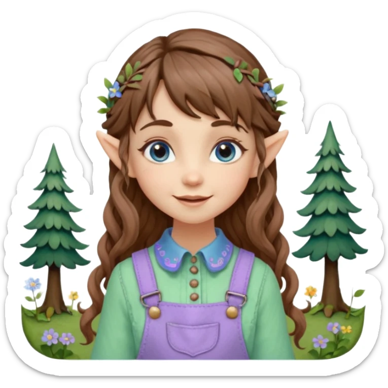 Kind happy whimsical quirky Girl toymaker, wood carving elf. Woodland nature creator. Blue eyes. brown hair (just below chin length) wavy hair & bangs. Whimsical playful cute. Overalls with nature embroidered cute shirt collar. Light green, light purple and light blue colour aesthetic  sticker