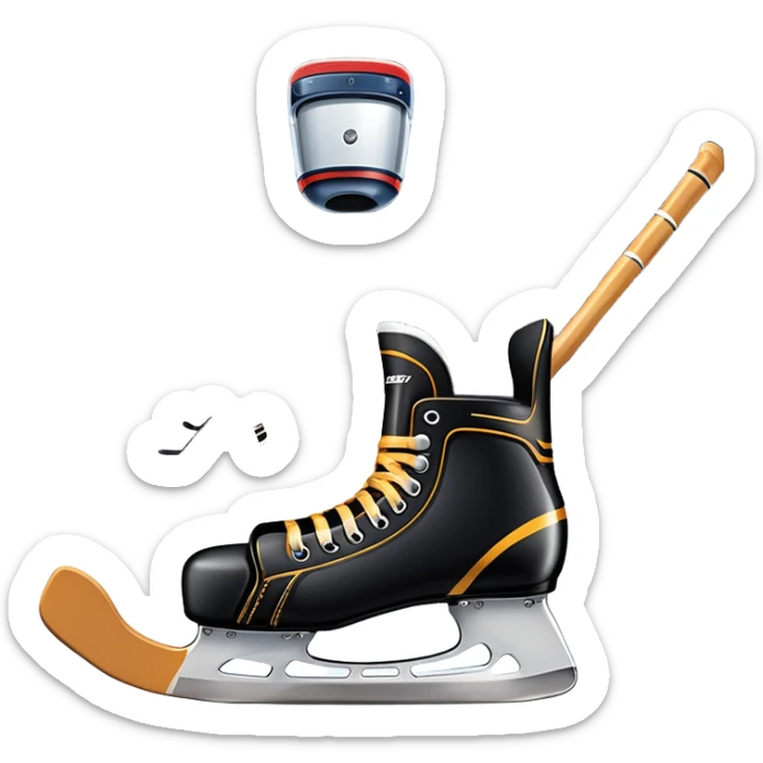 Please, make An icon featuring close-up shots of key hockey equipment: a hockey stick, puck, and skates. The background shows a packed stadium with cheering fans, bright arena lights, and an icy rink. Transparent background highlights the essentials of the game and the thrill of the sport. sticker