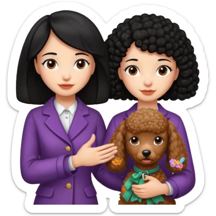 A black hair girl saying byebye with hand shaking a with a brown poodle sticker