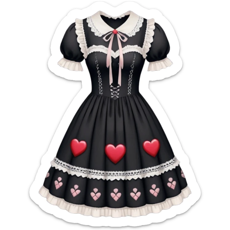 A beautiful Lolita dress with laces, cross-stitches, dark gothic color palette theme, strings, heart patterns textile, beautiful, aesthetic clothing sticker