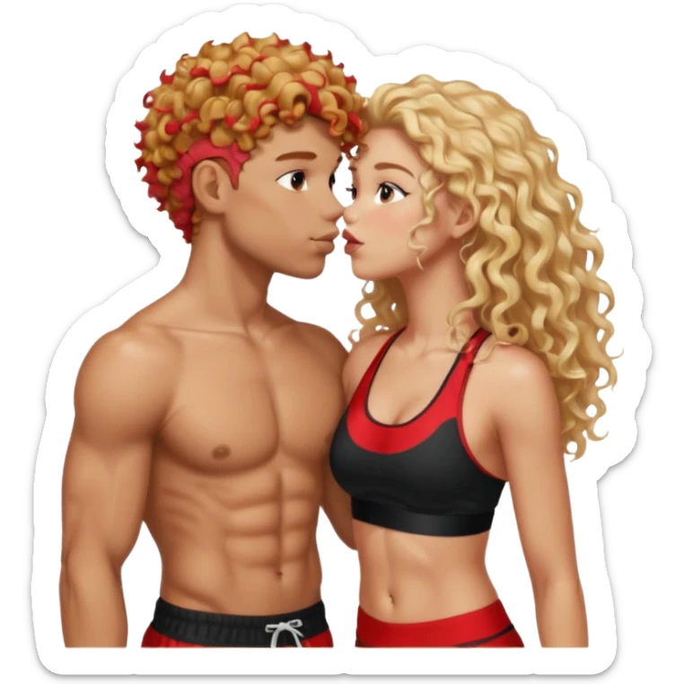 athletic man, high top fade, blonde curly hair only top only, no shirt and Athletic girl with long light red wavy long hair and black sports, Put them together kissing, or holding hands sticker