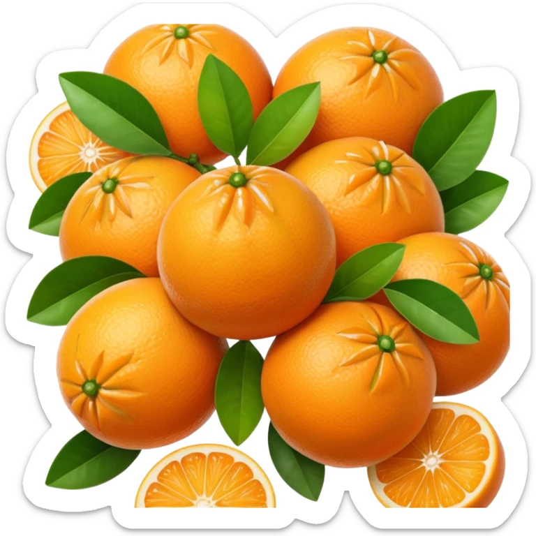 cluster of small, round orange citrus fruits, one peeled in segments, some with green leaf, no basket or extras, soft lighting, subtle shadows, emoji scale sticker