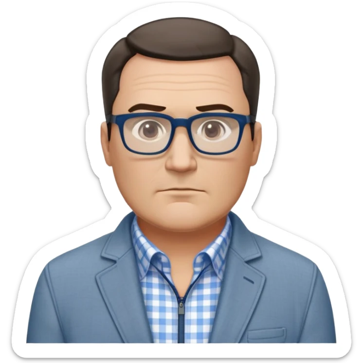 50-year-old heavyset man with very wide face and prominent square jawline. Short straight hair combed to the side, not balding. Large dark square glasses. Serious-relaxed expression. Light gray jacket that fits his larger frame, white shirt with blue checkered pattern. sticker