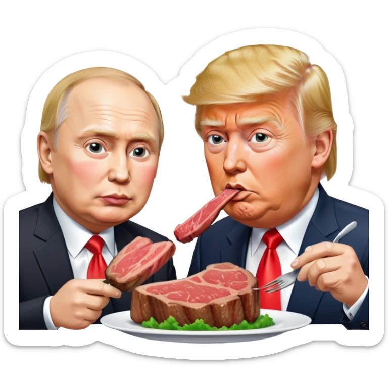 photorealistic Donald Trump and Putin eating a steak shaped like an piece of land sticker