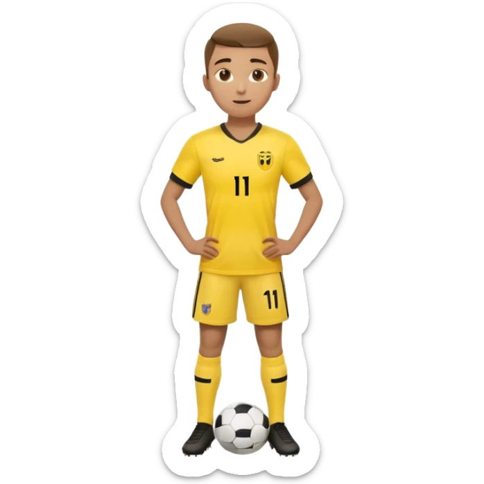 Apple emoji style 23 year old soccer player standing hands on waist, yellow jersey #11, soft shadows sticker