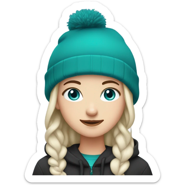 White girl, black hoodie, teal hair, purple beanie hat, blue eyes sticker