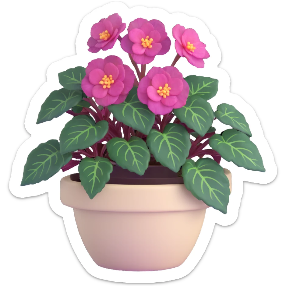 Begonia Rex with dark green leaves, purple edges, white spots in the middle, and distinct spiral centers where each leaf grows from, in a beige pot sticker