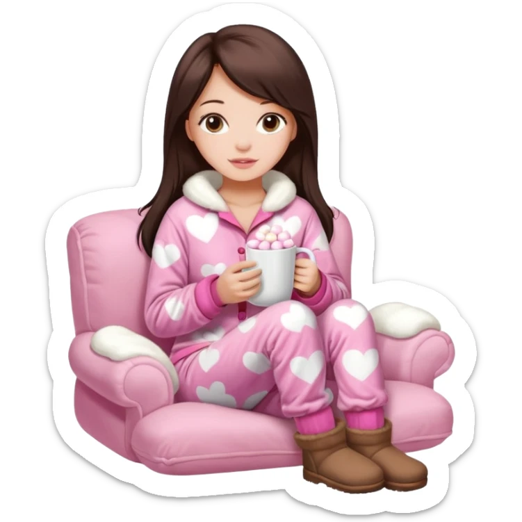 aesthetic Victoria's Secret pajama set, Ugg boots, holding hot chocolate with pink and white marshmallows, cozy and cute sticker