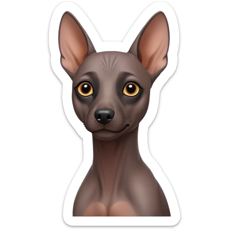 Cinematic Noble Xoloitzcuintle dog Portrait Emoji, Poised and regal, with a sleek, muscular build and smooth, hairless ebony skin accented by subtle wrinkles, deep-set soulful dark eyes, Simplified yet sharp and sophisticated features, highly detailed, glowing with a soft, dignified glow, high shine, intelligent and loyal, stylized with an air of ancient grace, focused and attentive, soft glowing outline, capturing the essence of a watchful and confident guardian, so majestic it feels as though it could stride out of the screen with effortless authority! sticker