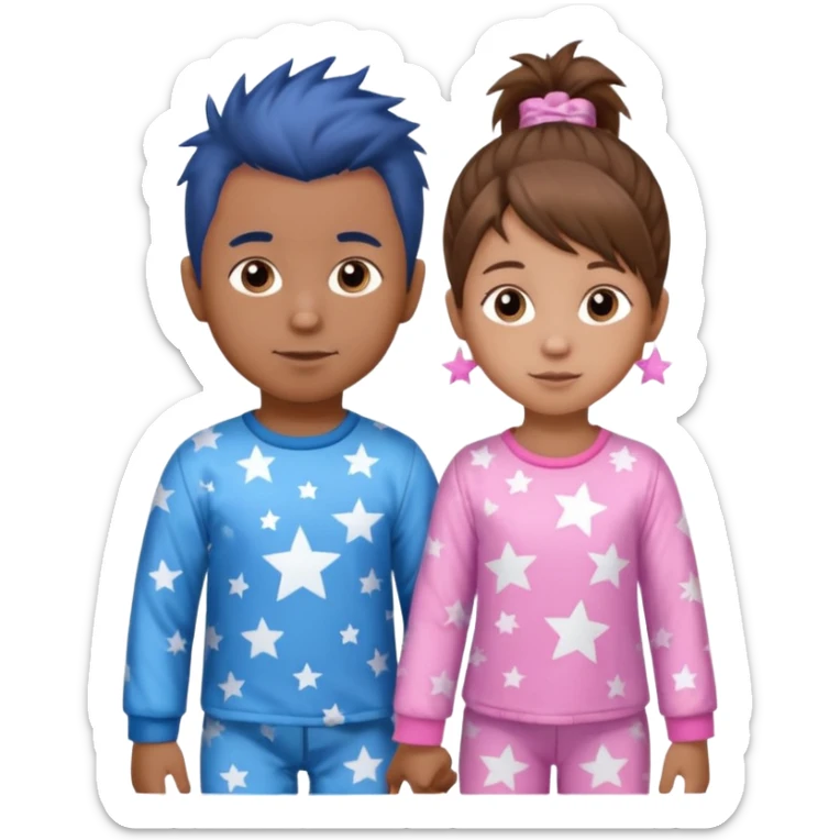 4 year old brown spikey haired boy with blue pajamas with stars on them and a 1 year old brown haired pony tail girl with pink pajamas, and stars on them with light skin sticker