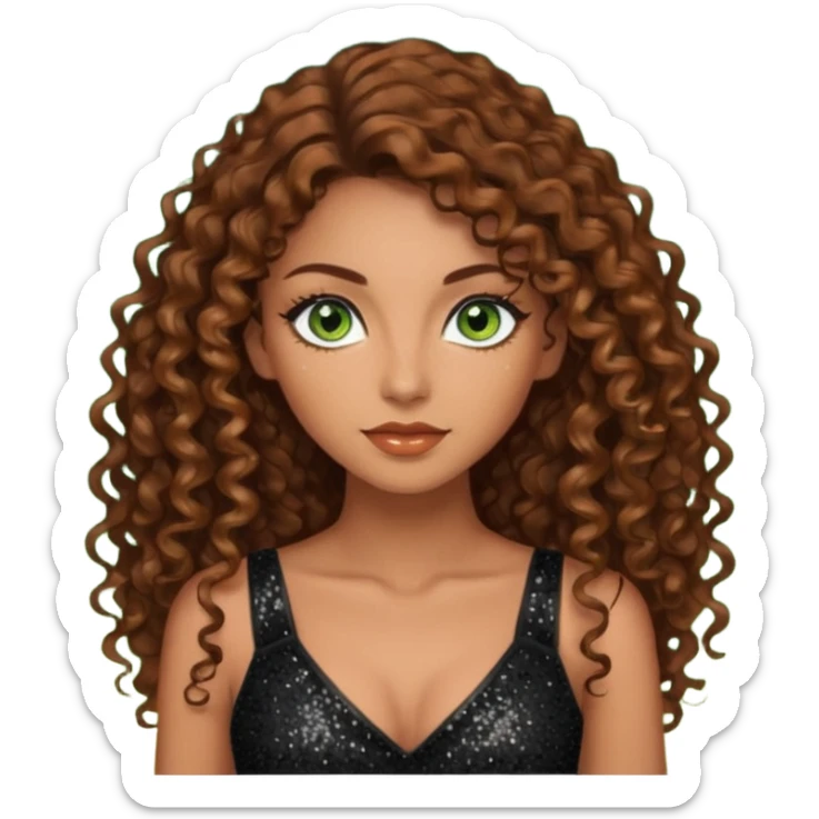 green eyes brown long curly hair evil siren woman,with 7 inch platform stripper high heels black glitter dress, Los Angeles Spanish style black outfit sticker
