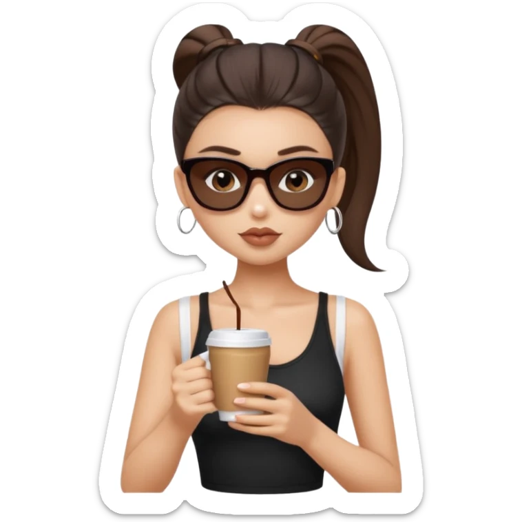 generate a pretty fair bratz girl with dark brown eyes, dark brown eyes tied into a slick back ponytail, thin brown sunglasses. Wearing a black cami top and drinking coffee, high cheekbones sticker