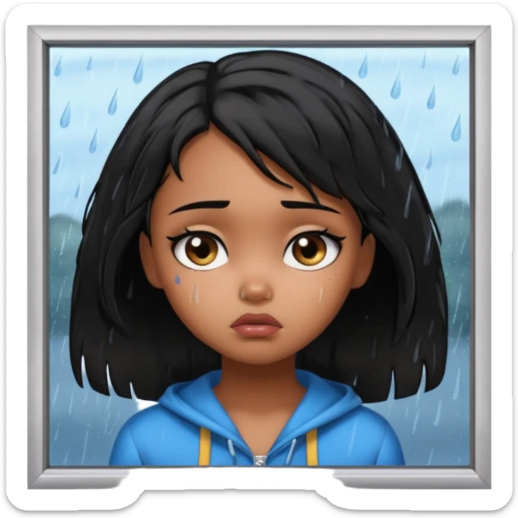 generate a pretty bratz brown skinned girl with messy black hair looking out of the rainy window, looking very sad sticker