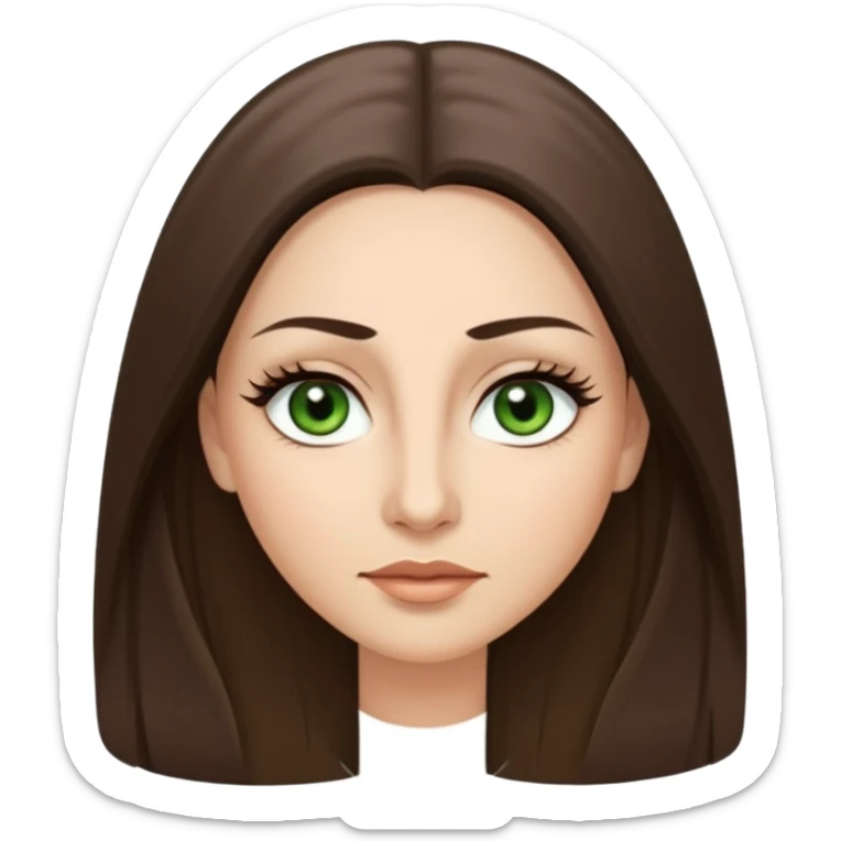 40 year old Adult woman avatar, light skin tone, long, oval face, long straight ashy brown hair, green almond-shaped eyes with dramatic eyelashes and minimal eyeliner, neutral mouth, medium straight eyebrows, small nose, smooth skin sticker