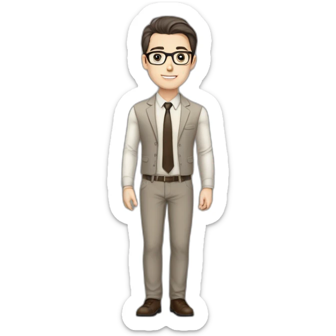 Pale skinned fit man with dark brown hair in gray jacket, beige office shirt, brown tie, brown pants and vintage glasses Writing text on a marker board sticker