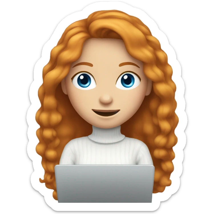 ginger girl with long hair and blue eyes in turtle neck white sweater working on a laptop sticker