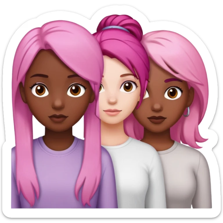 a black girl with dark brown hair next to a white girl with pink hair and a white girl with brown hair sticker
