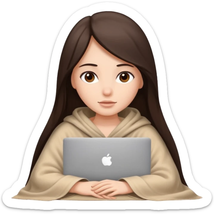 Beautiful girl with a long straight dark brown hair inside a beige blanket working macbook  sticker