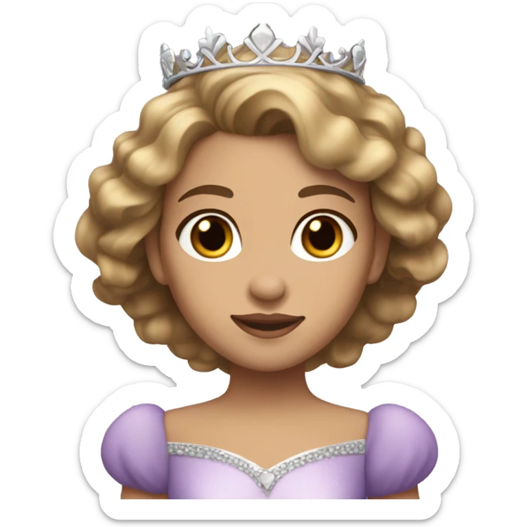 princess with brown hair with blonde highlights and brown eyes, light skin, violet dress with a silver crown  sticker