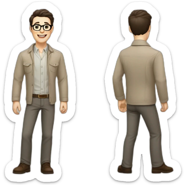 Joyful Full height Pale skinned Fit Man With dark brown hair in gray jacket, beige office shirt, Brown pants and vintage glasses. His thrumbs up sticker