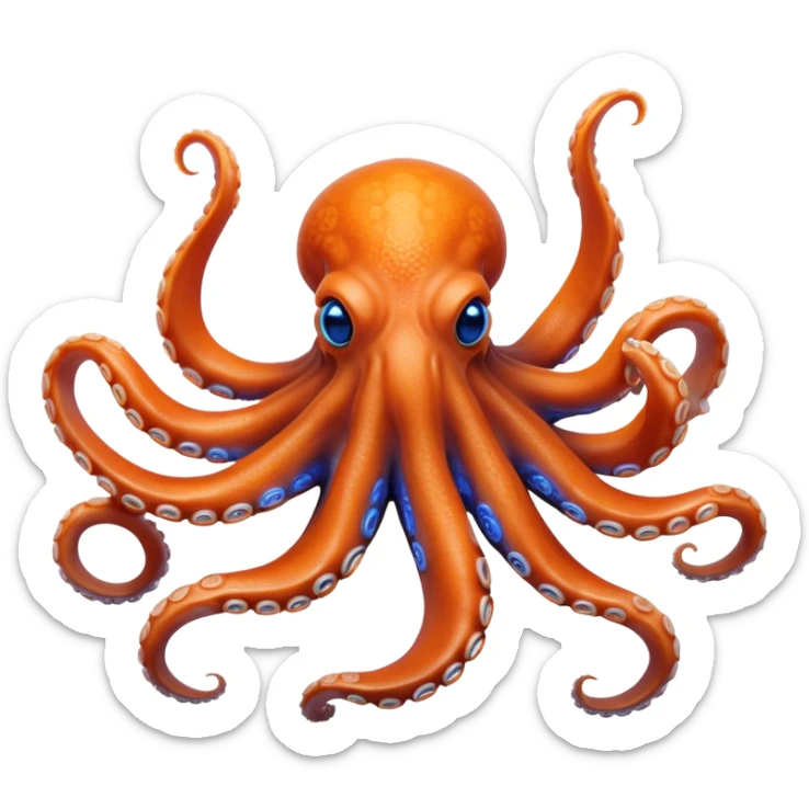 Cinematic Realistic Noble Octopus Portrait Emoji, Poised and majestic, with a sinuous, flowing body in vivid orange accented by intricately detailed blue rings, and intelligent, penetrating eyes that reflect ancient ocean lore; rendered with lifelike texture and natural iridescence, high shine, intelligent and formidable, styled with an aura of mystical marine power, focused and attentive, soft glowing outline, capturing the essence of a watchful and confident octopus that appears ready to glide out of the screen with timeless authority! sticker