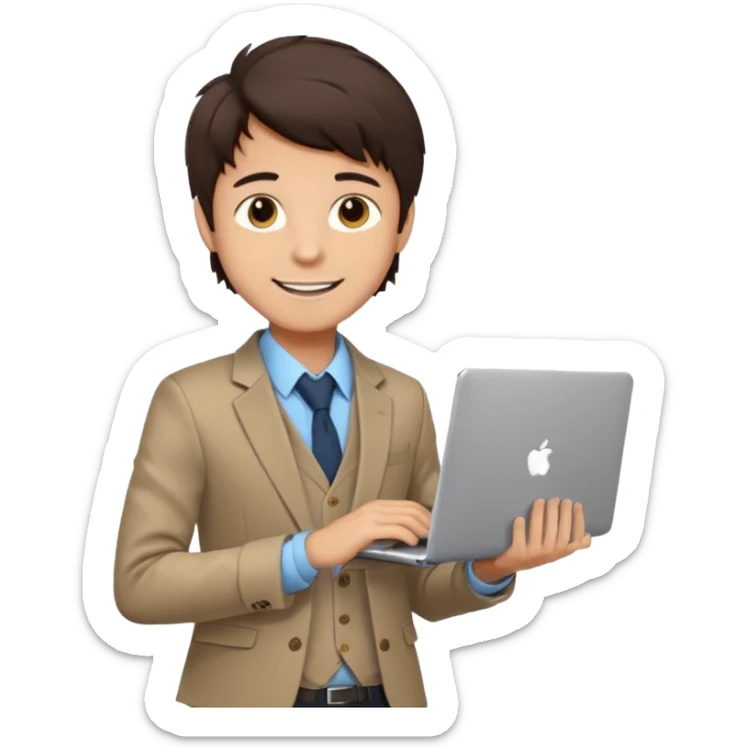 a light tan boy with messy dark brown hair. Wearing a blazer and carrying a lapotop. watch on wrist sticker