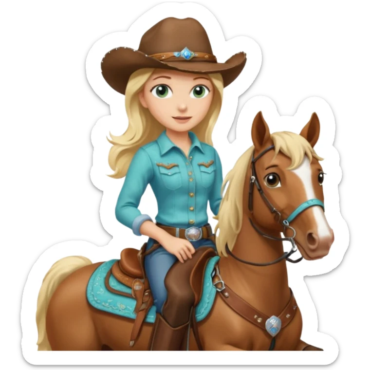 one blonde with light blue green eyes cowgirl on a horse sticker