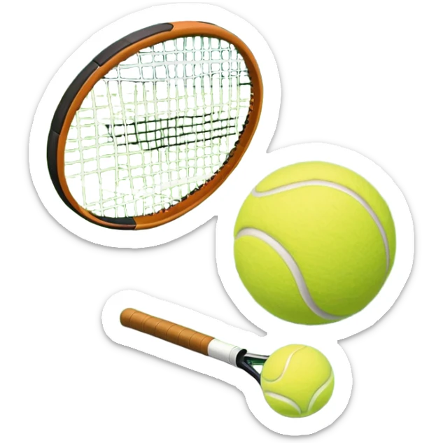 A tennis racket and a ball placed on the ground, with a tennis court in the background. The court lines and net are visible, emphasizing the structure and focus of the sport, creating a dynamic and energetic vibe. sticker