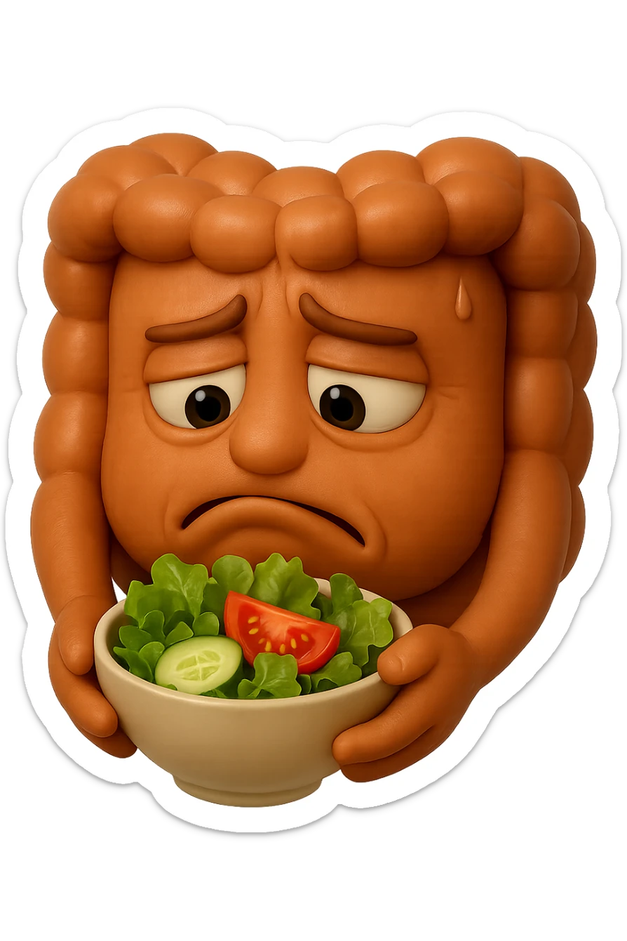 EMOJI STILE IPHONE DI UN INTESTINO UMANO ANATOMICO CHE GUARDA UN INSALATA CON ESPRESSIONE TRISTE E RASSEGNATA IN VOLTO: SOFFRE LA FAME PERCHé è A DIETA, FAGLI ANCHE LA PARTE BIANCA DEGLI OCCHI, NON SOLO LE PUPILLE, IPERREALISTICO 4K sticker