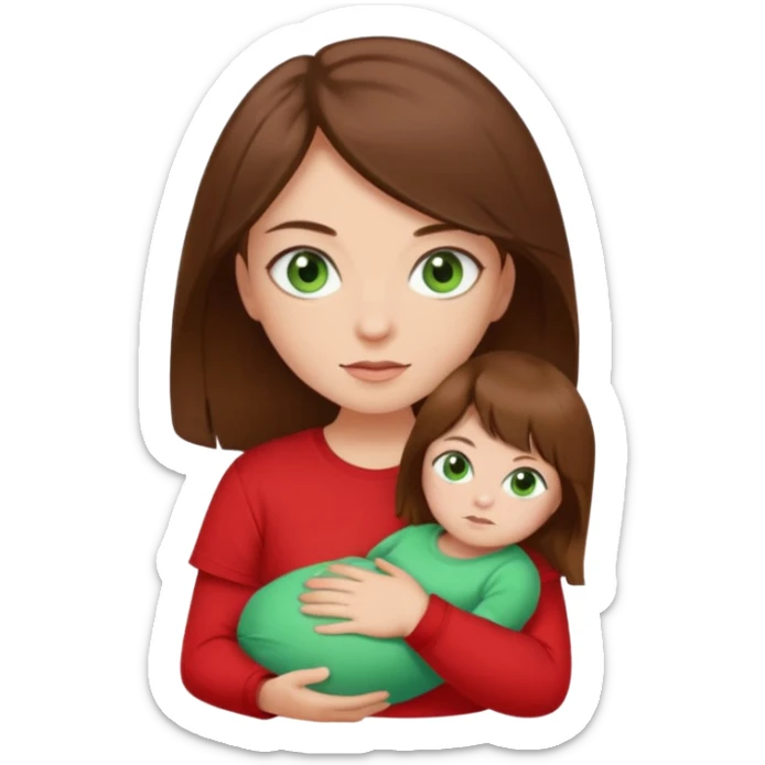 a girl with brown strait hair and has baby green eyes has a red t-shirt sticker