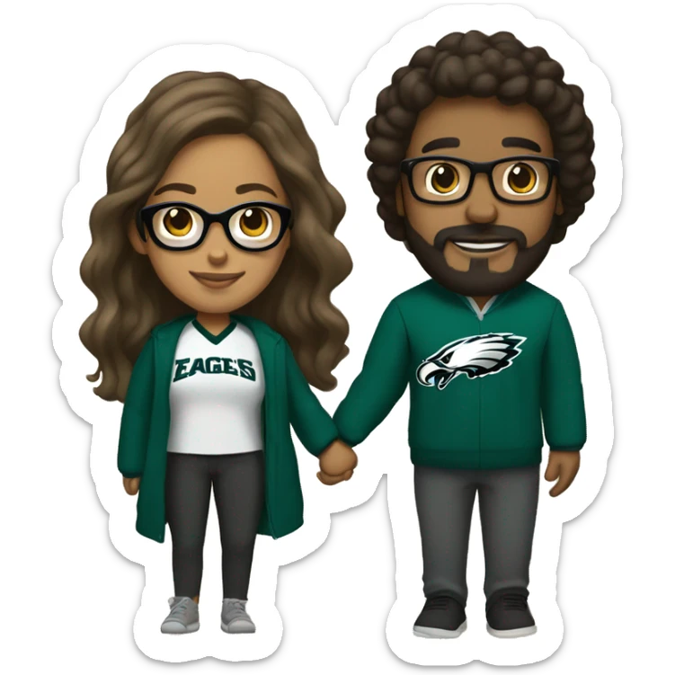 Brown guy with beard mustache and brown girl with glasses and her hair in a bun in Philadelphia eagles clothes holding hands sticker