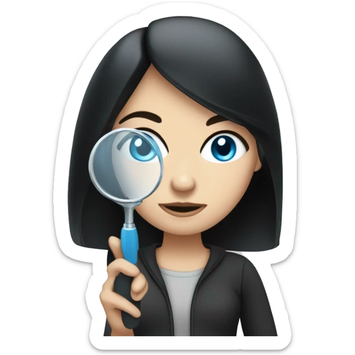 white girl with black hair and blue eyes with magnifying glass sticker