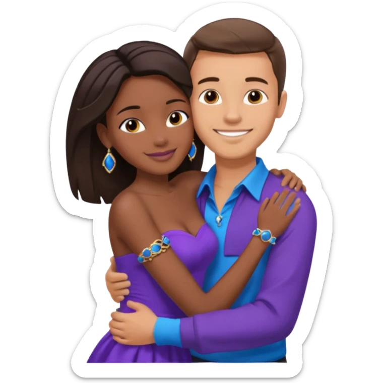 Tan tall brunette European male in blue shirt smiling and hugging a jet black African girl in purple strapless dress and blue jewelry they are on a beach with blue ocean water and palm trees sticker