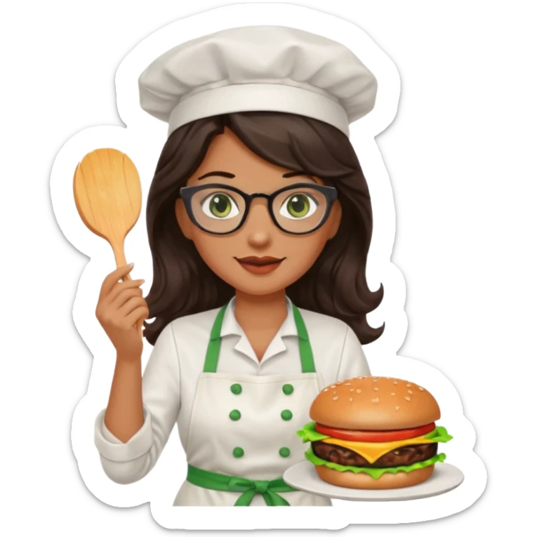 A female chef with glasses, dark brown long wavy hair, Green eyes and cooking a burger sticker