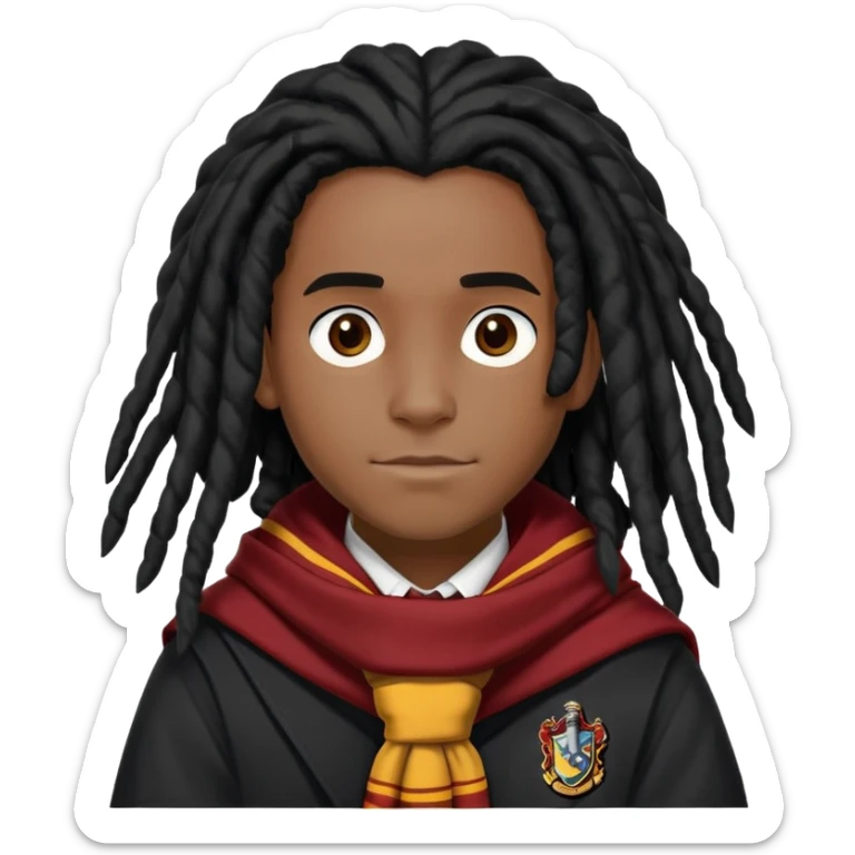 Luke Youngblood is Lee Jordan in harry potter, wear hogwarts uniform, dreadlocks black  hair, black skin,  gryfindor scarf around neck sticker