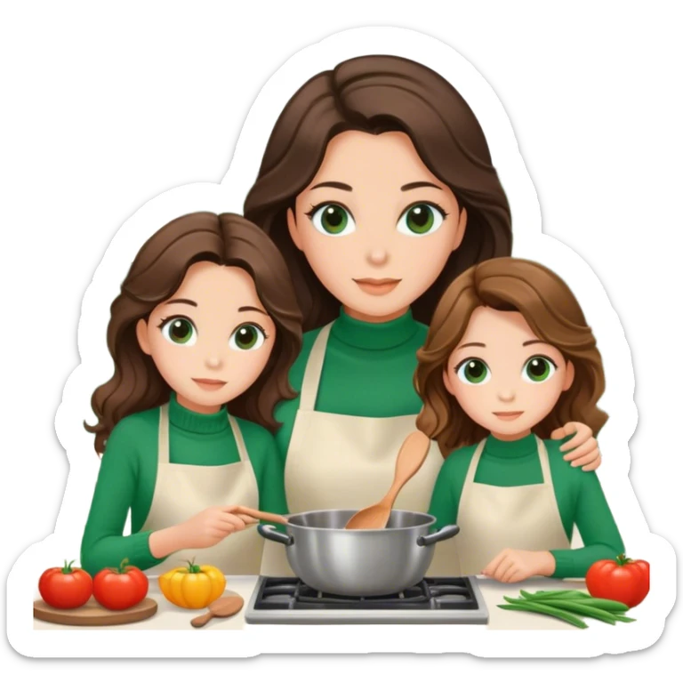 A mom and 10 years old daughter with brown eyes and beatiful lashes and hazel eyes and brown long beach waves hair while cooking together focused in a beautiful and luxurious kitchen mom wearing a green turtleneck sweater  sticker