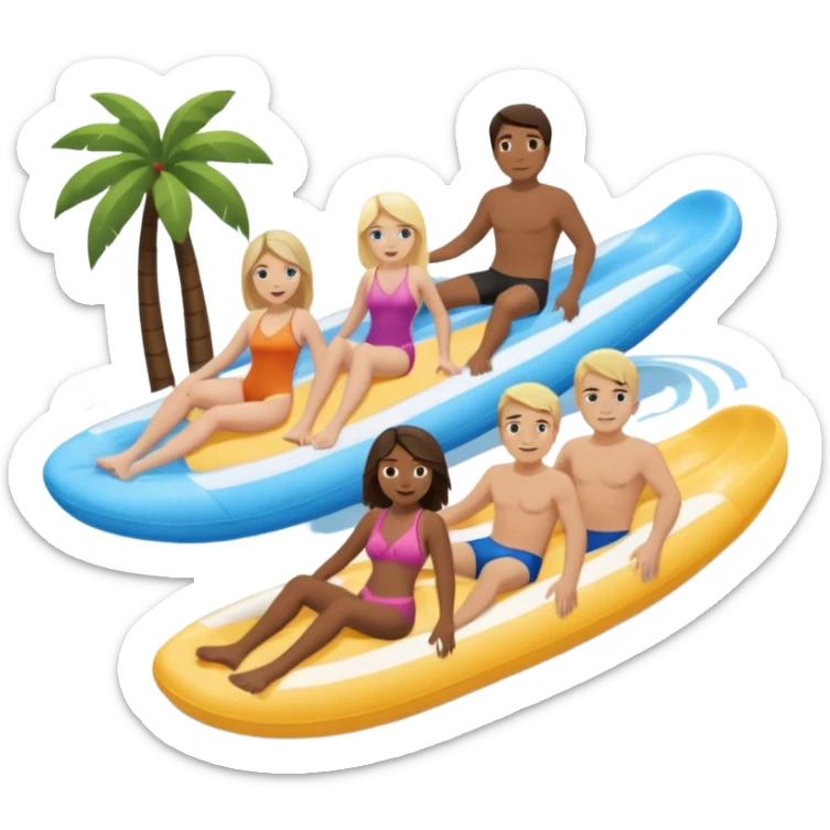 2 girls 2 guys. dark brown haired girl that’s pale and blonde haired girl and dirty blonde haired man and dark brown hair man that has a bit longer hair just above his shoulders and is pale too on the lazy river water slide sticker