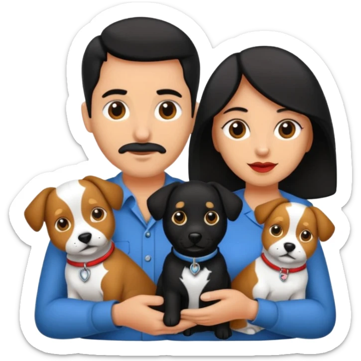 Pareja hombre y mujer, pelo negro ambos, y con dos perritos pincher en sus brazos sticker