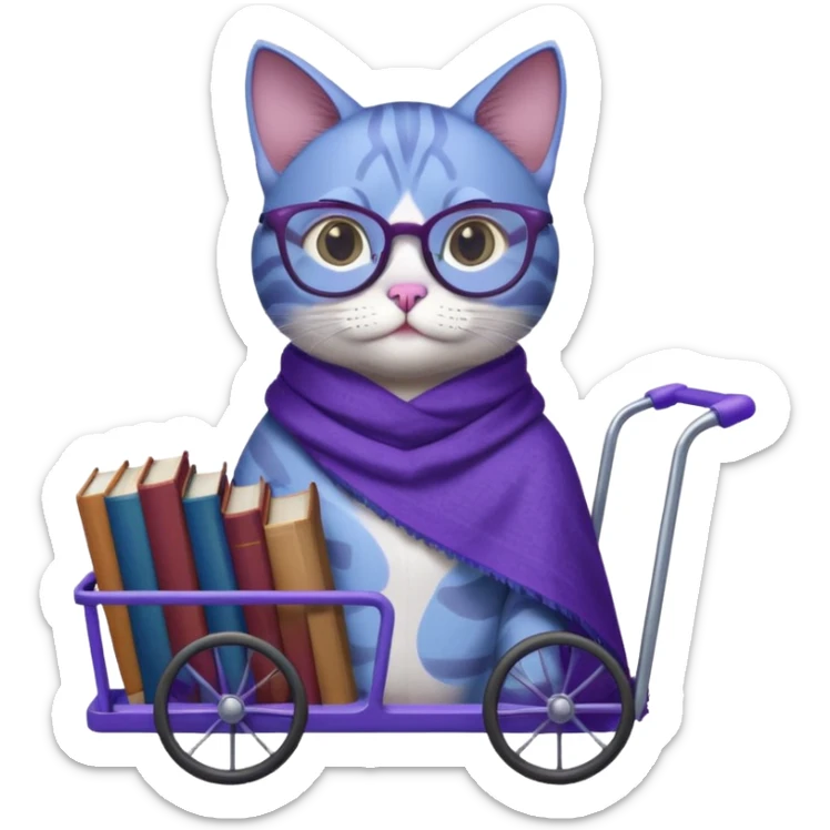 Purple and blue cat with reading glasses and a shawl, standing behind a cart full of books sticker