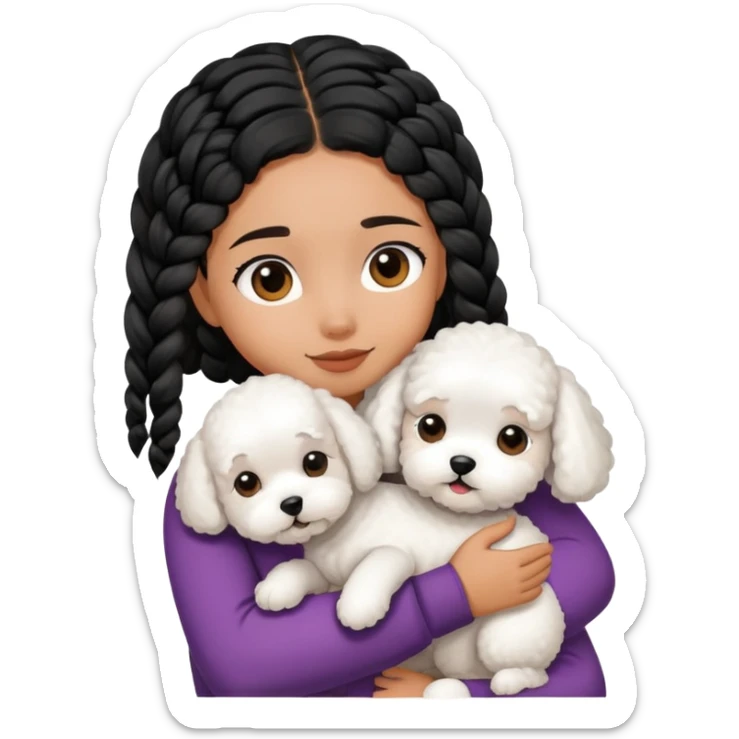 A girl with the black braids has straight hair ,hugging a Bichon frise sticker