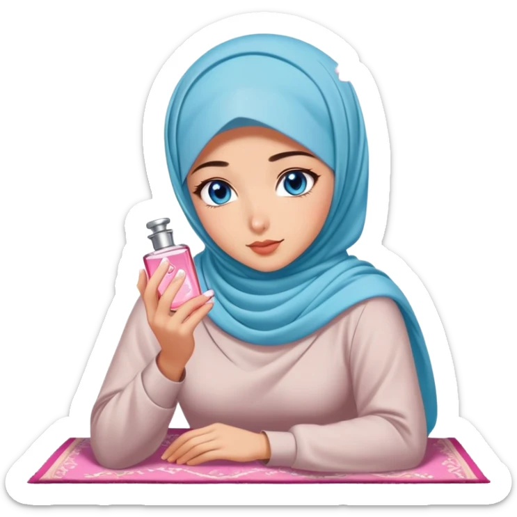 Turkish beautiful finish Konya girl blue eyes with cherry blossom hijab smells perfume on the floor  sticker