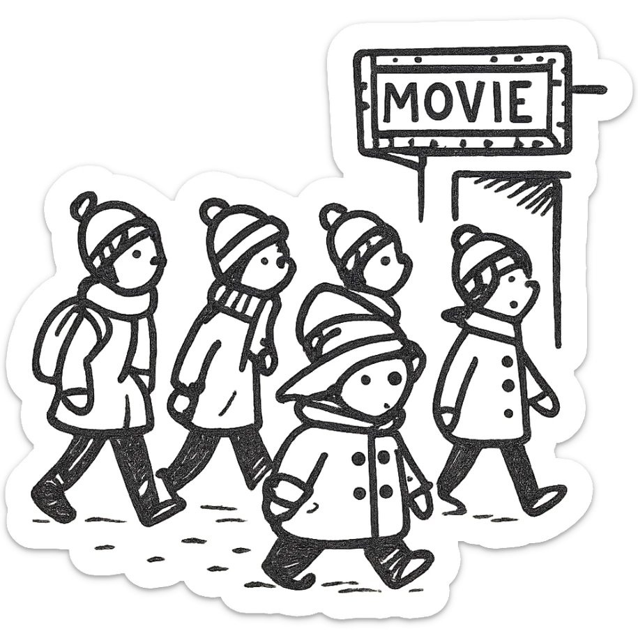 A group of school children walking to a movie theater in winter, inspired by Paddington Bear sticker